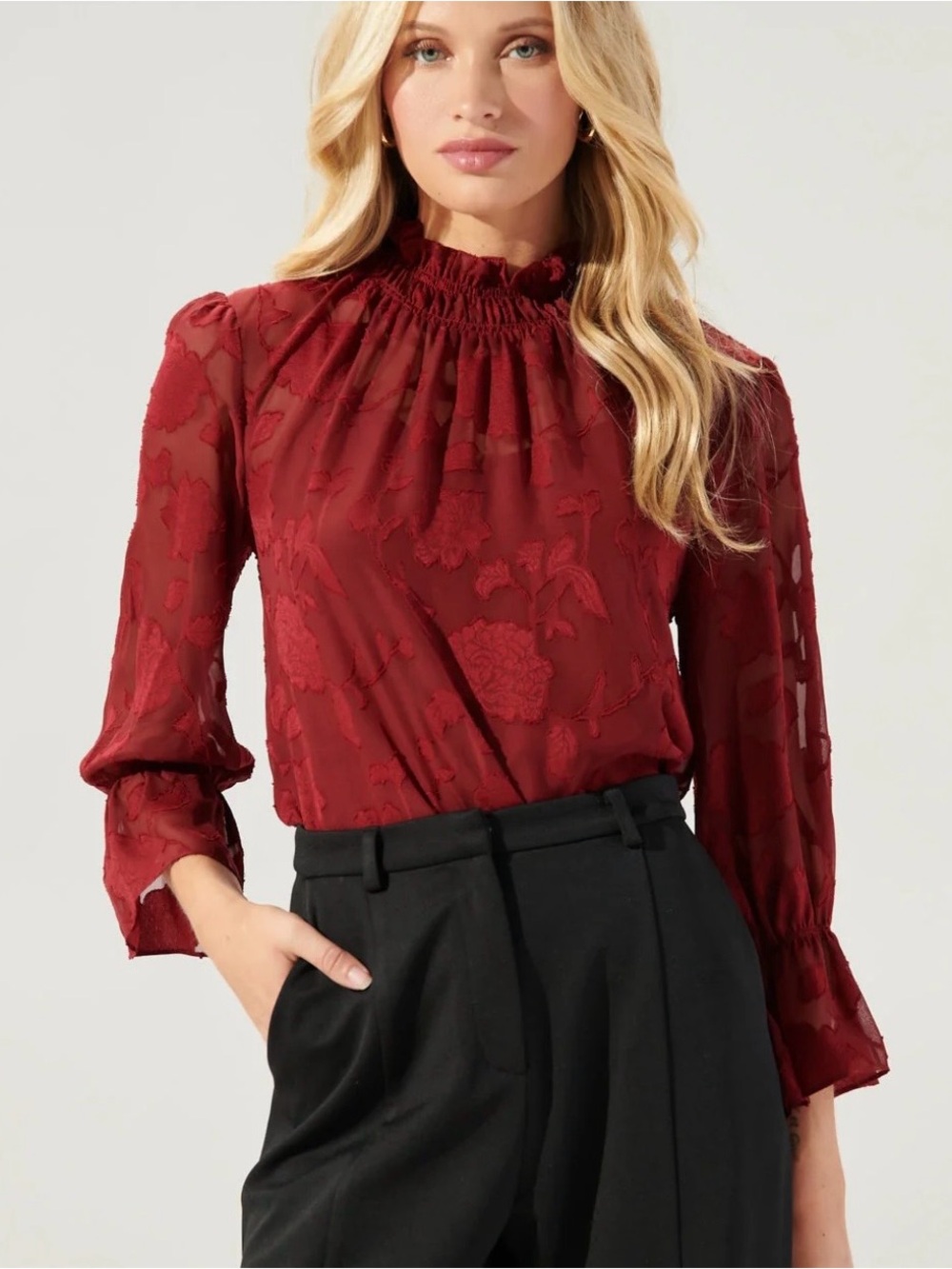 Sugarlips Sheer Floral Burgundy Blouse with Ruffled Neckline
